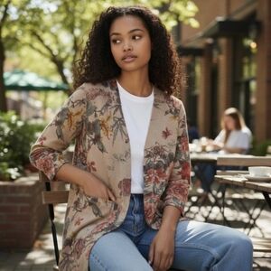 SOLITAIRE Boho Retro Floral Butterfly Faux Suede Open Long Cardigan Jacket XL